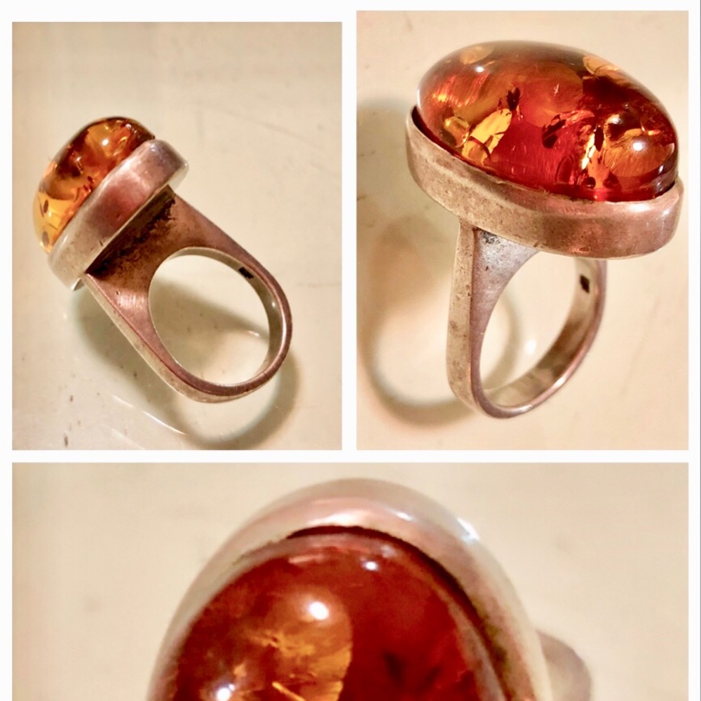 Danish Modernist BiG Tall Sterling Silver Amber Ring Vintage Boho